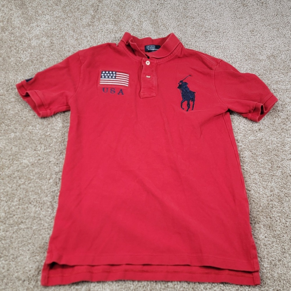 Polo Ralph Lauren Kids Red USA Flag Pony Logo Short Sleeve Polo Shirt L 14-16